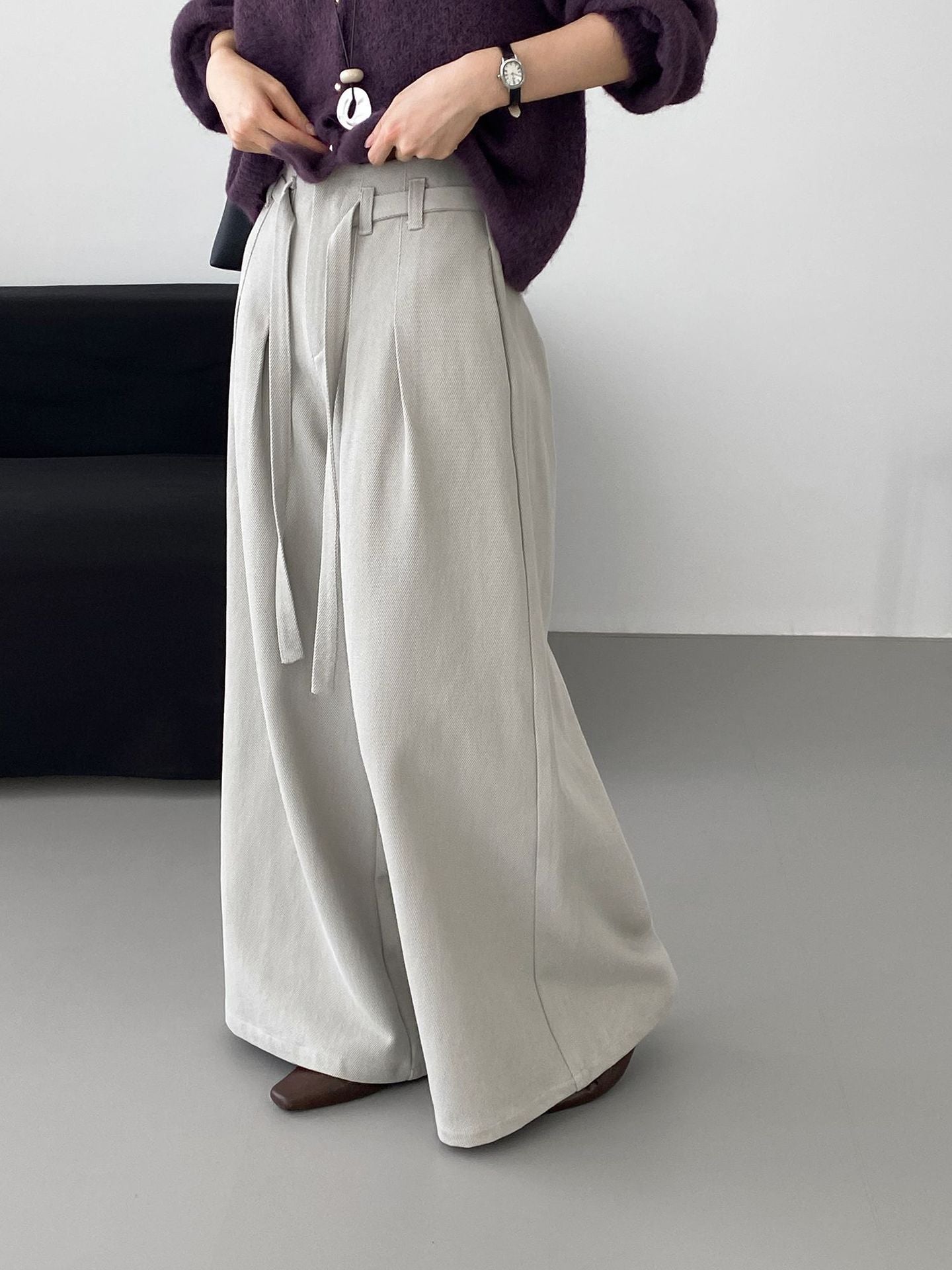 韓系簡約天絲棉繫帶闊腿褲-2色