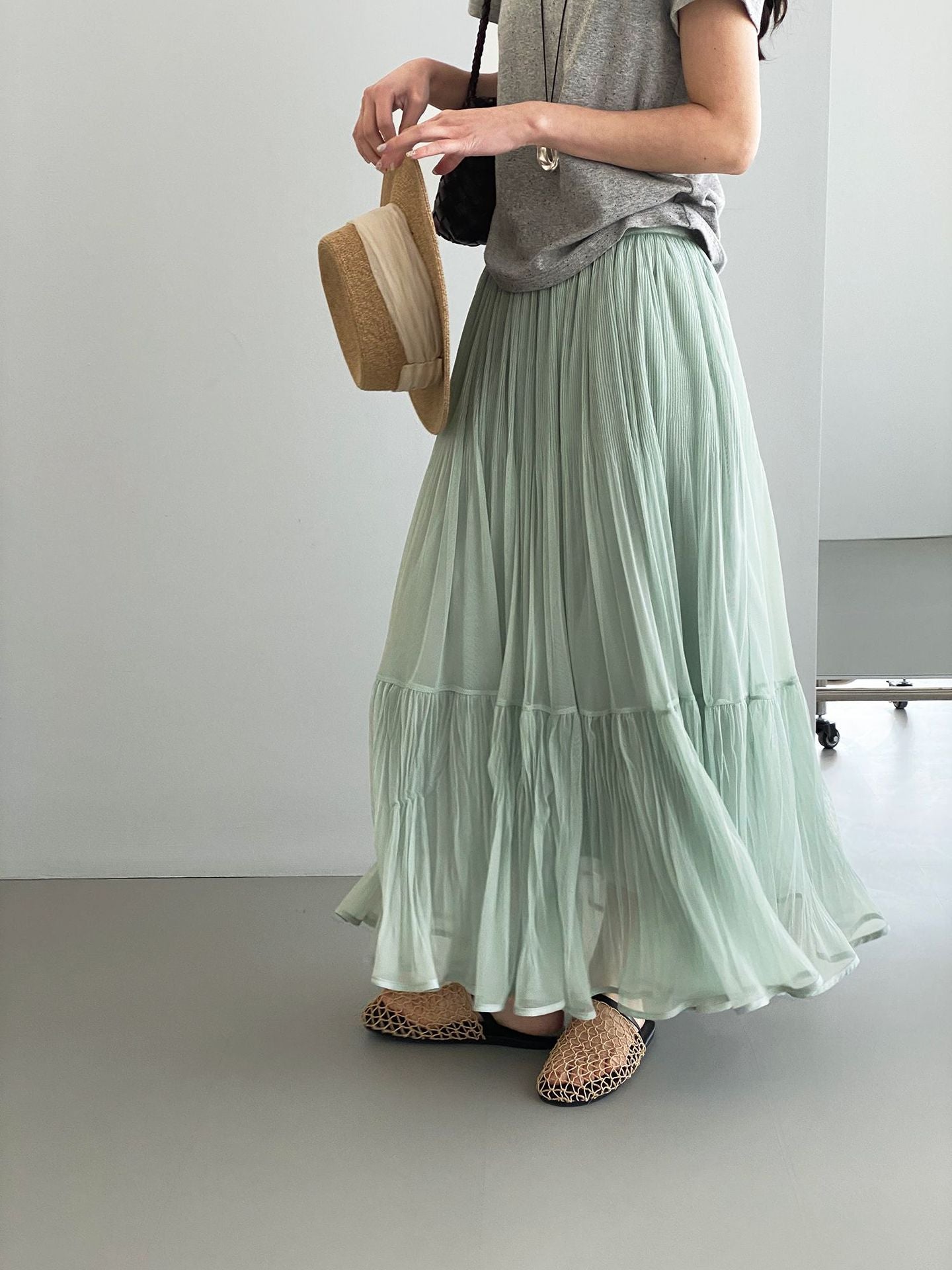 韓系溫柔飄逸網紗拼接百搭浪漫半身裙-3色