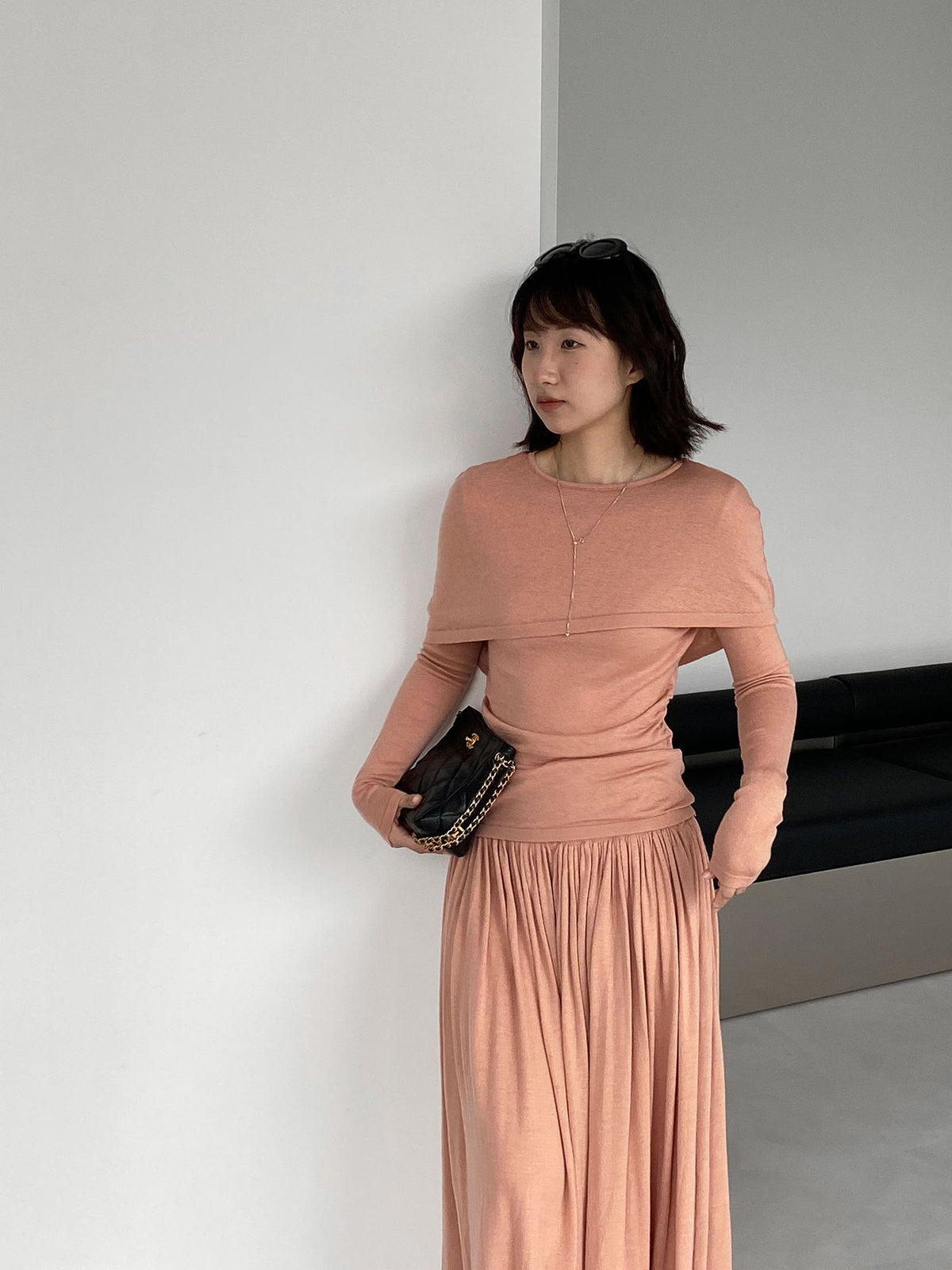 假兩件斗篷款修身長袖針織上衣-6色