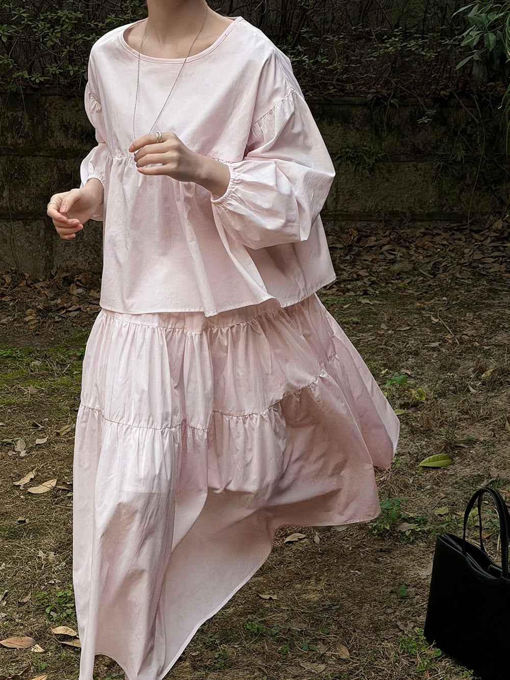 春感甜美娃娃衫+褶皺大擺半身裙-兩件式套裝-2色