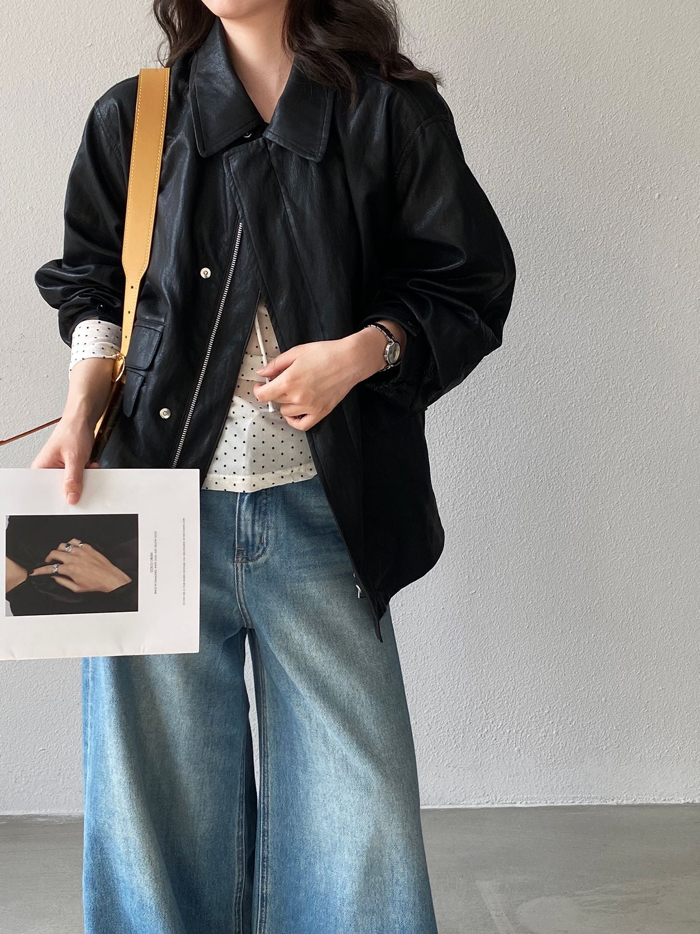 復古蛋白皮設計感短款PU皮衣夾克外套-2色