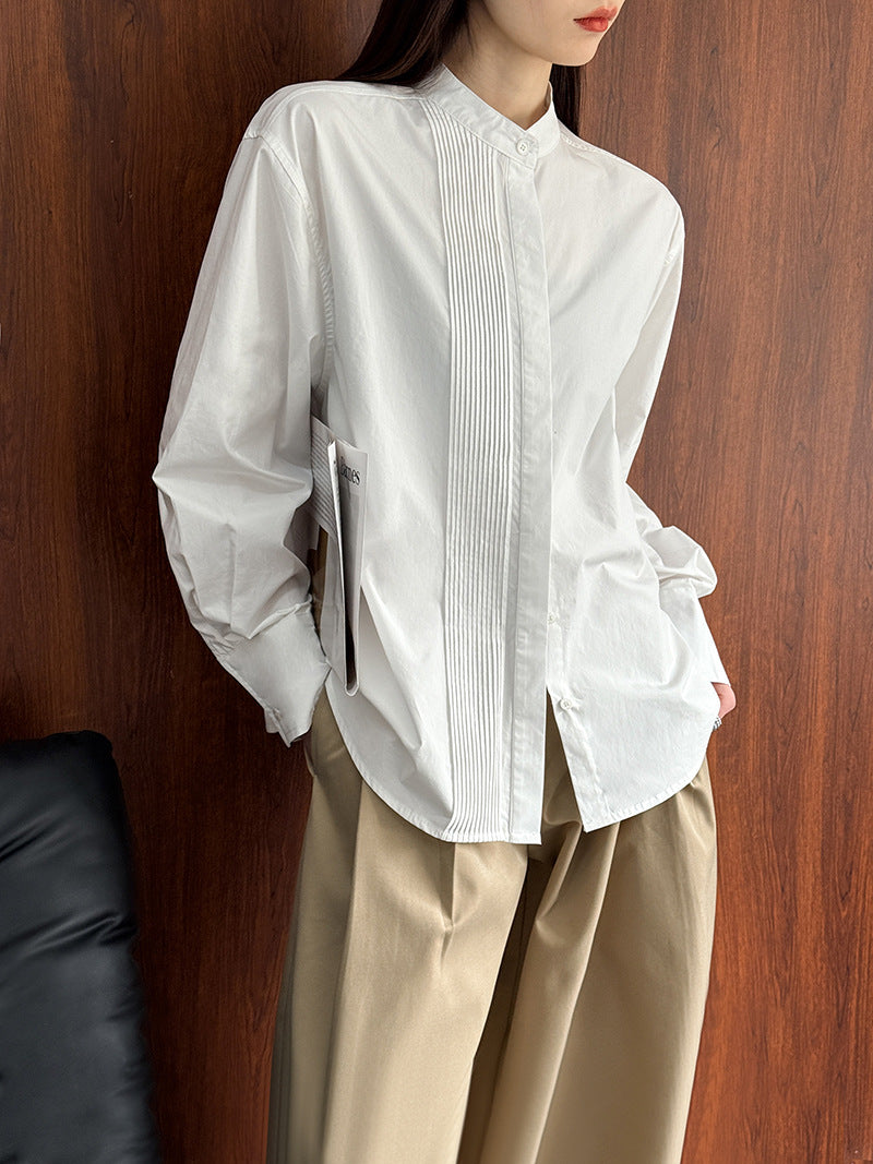 氣質別緻直條褶皺圓領長袖襯衫-2色