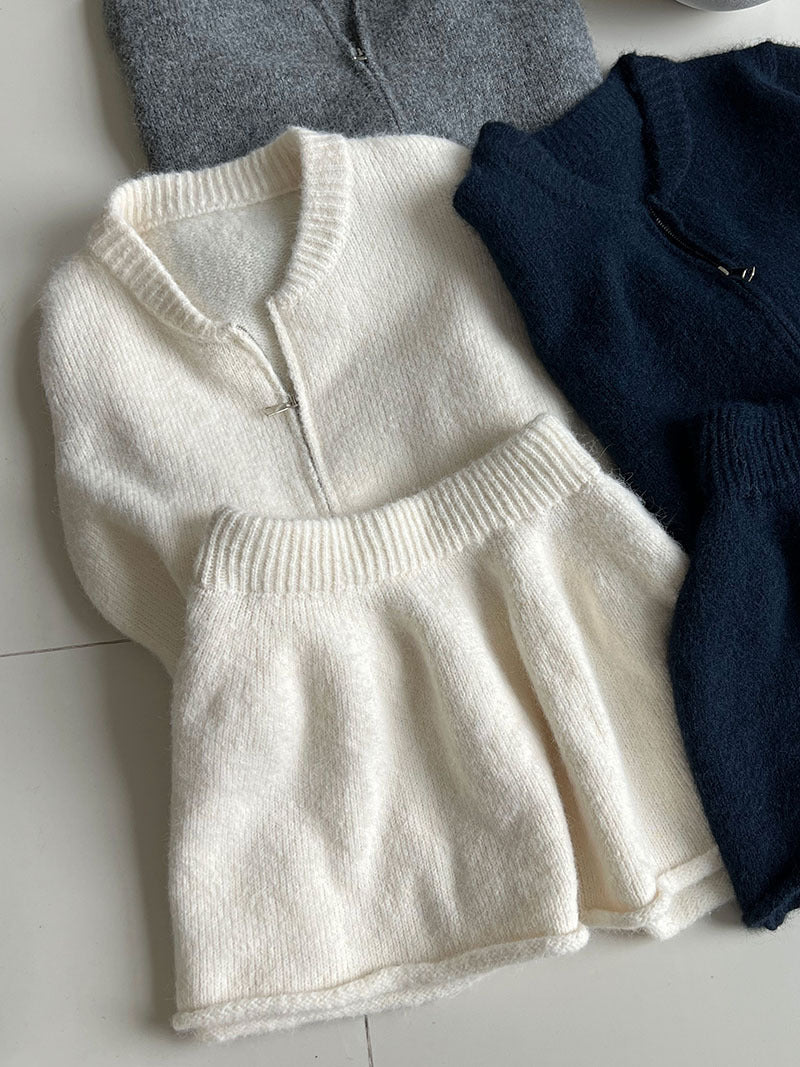 韓系軟糯休閒針織毛衣+卷邊A字短裙-兩件式套裝-3色