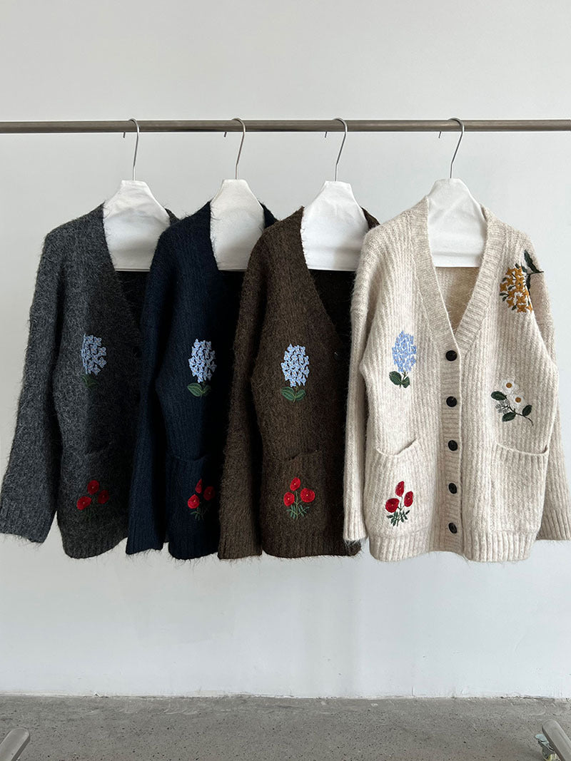 韓系復古軟糯花卉刺繡針織開衫外套-4色