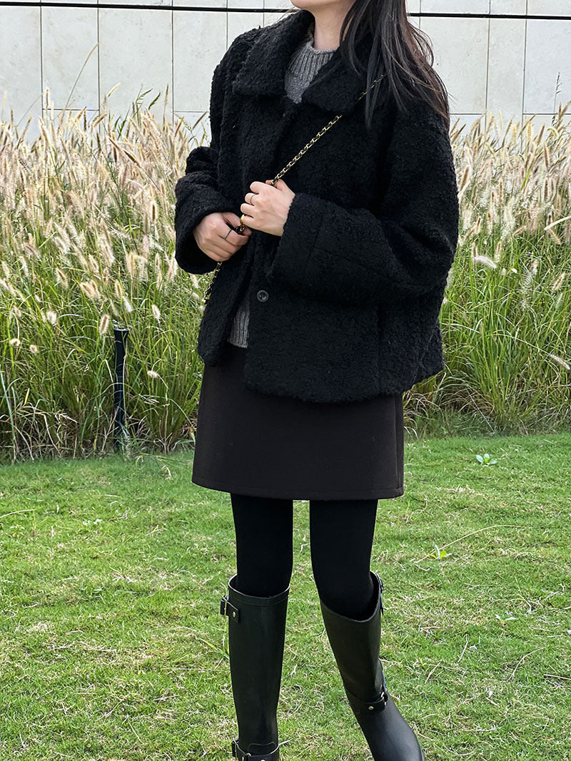 韓版單排扣短款羊羔毛翻領外套-2色