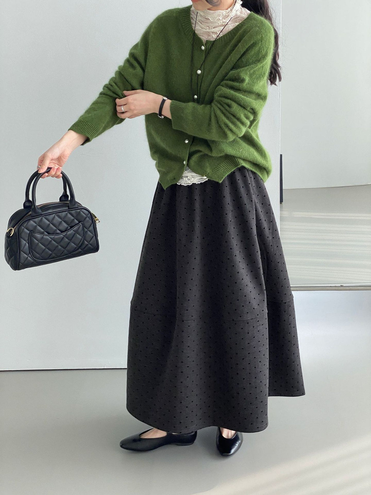 韓系復古愛心波點毛呢花苞中長裙