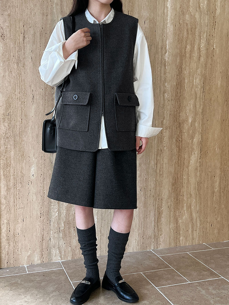 高級感寬鬆毛呢疊穿氣質圓領馬甲