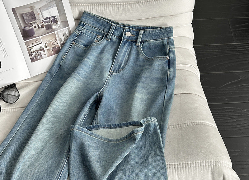 韓系高腰顯瘦寬鬆微喇褲牛仔闊腿褲