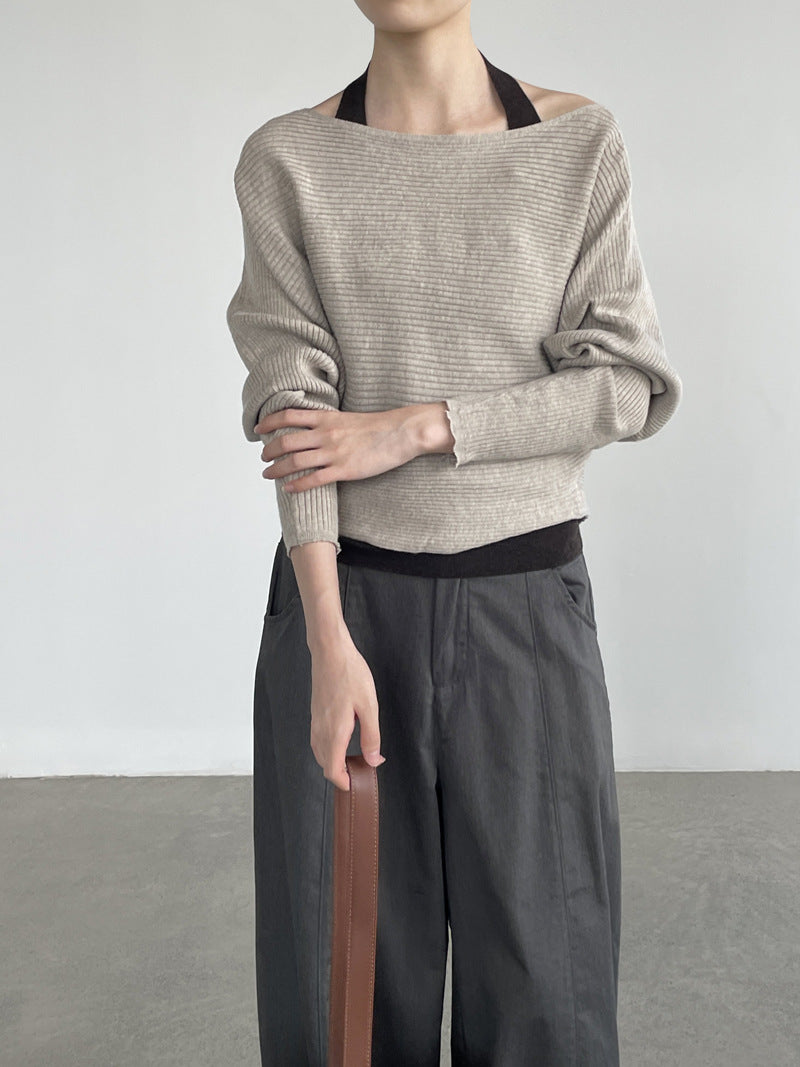 韓系休閒感掛脖吊帶+長袖針織上衣-兩件式套裝-3色
