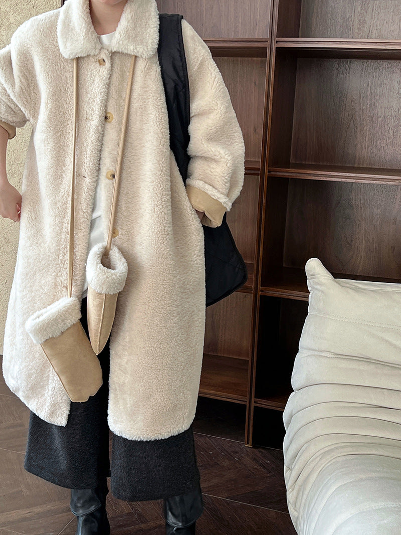 韓版翻領配手套羊羔毛大衣外套