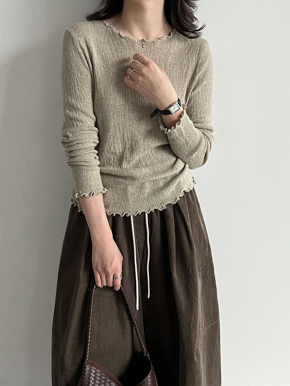 韓系綿羊毛木耳邊百搭通勤長袖打底針織衫-4色
