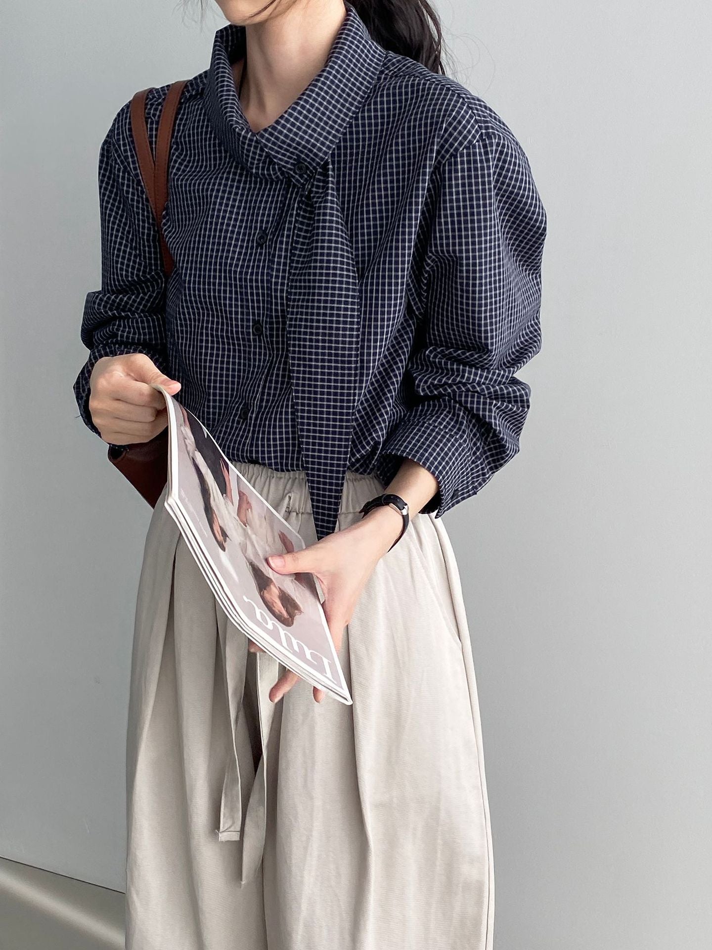 韓系設計感小衆領結格子襯衫-2色