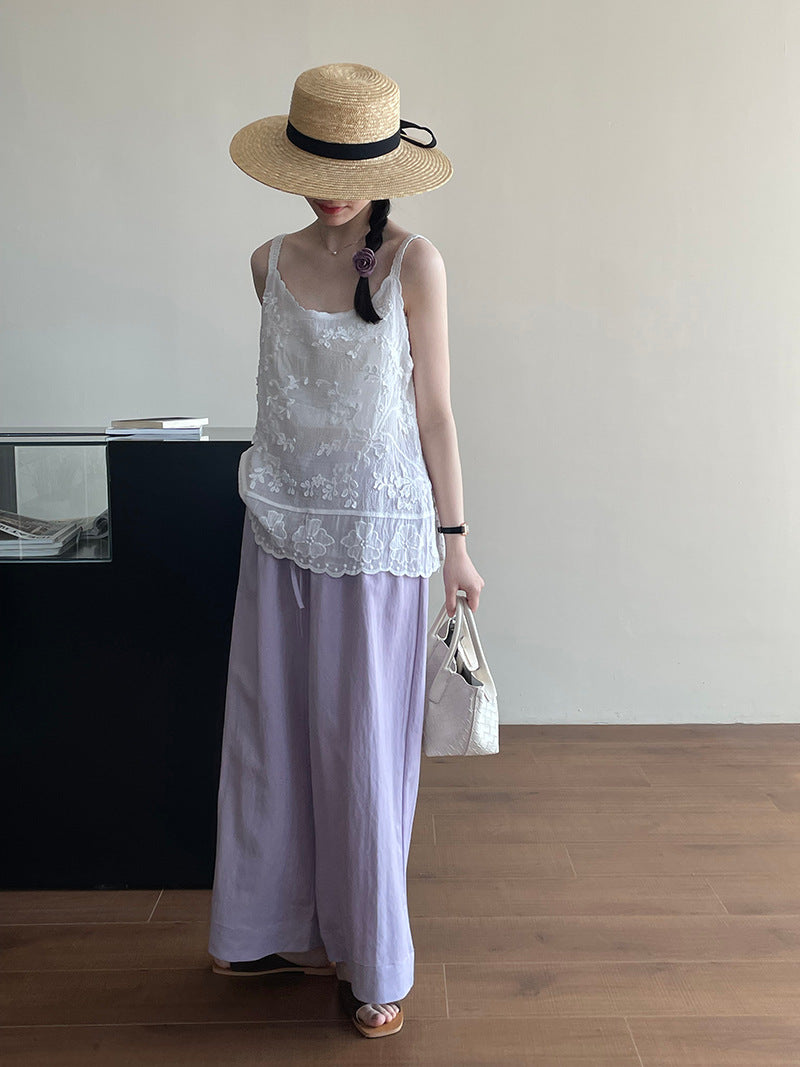 甜妹重工刺繡蕾絲緹花吊帶背心上衣-2色