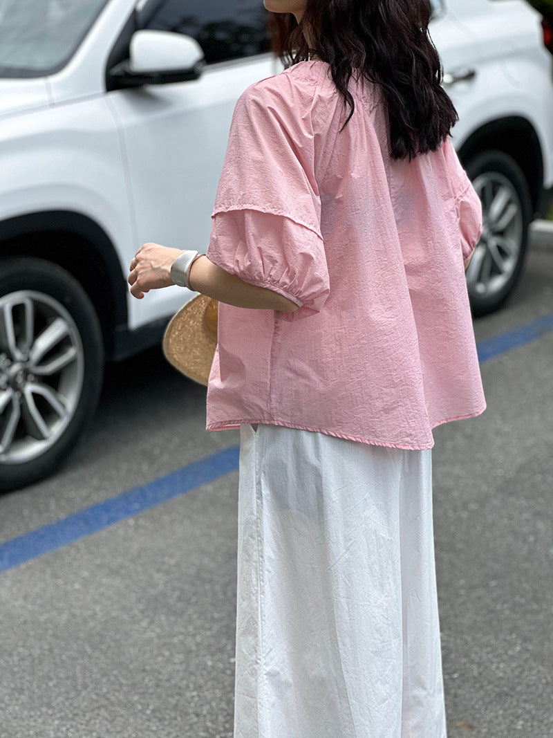 高級感寬邊圓領泡泡袖襯衫-3色