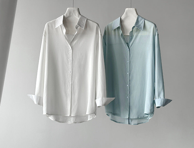 韓系天絲純欲感背後蕾絲純色襯衫外套-2色
