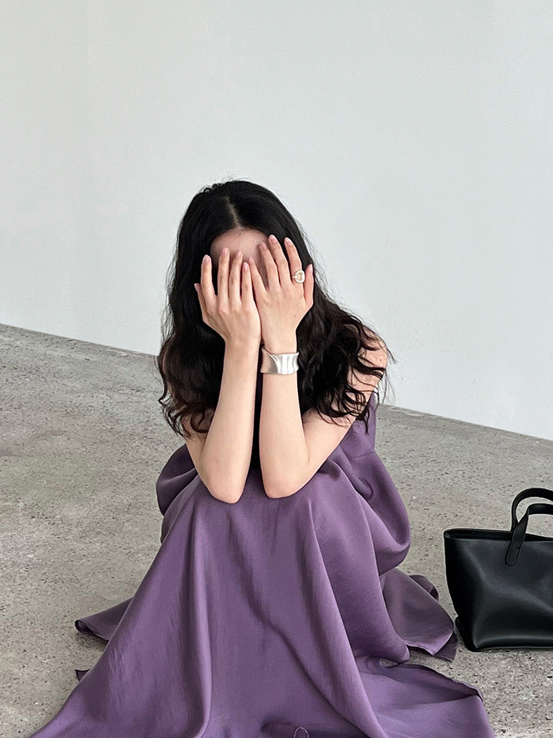 法式天絲飄帶露肩掛脖仙女連身裙-2色