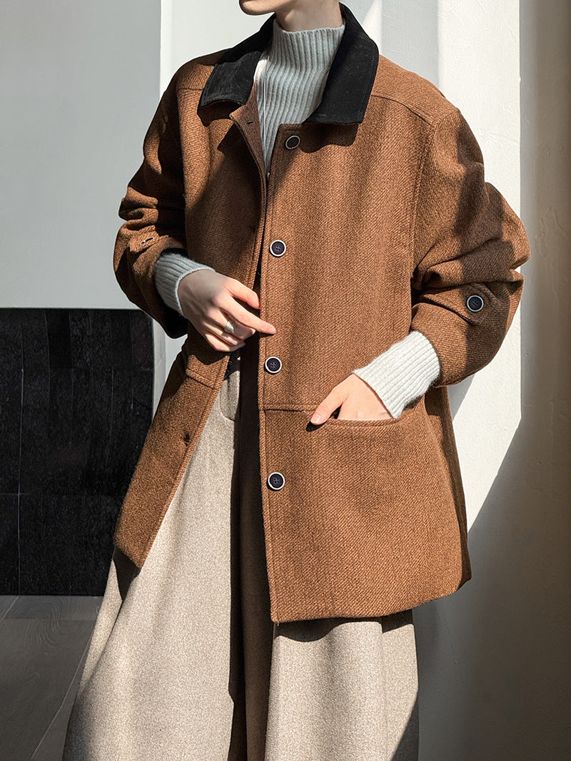韓系復古翻領氣質撞色羊毛夾克外套-2色