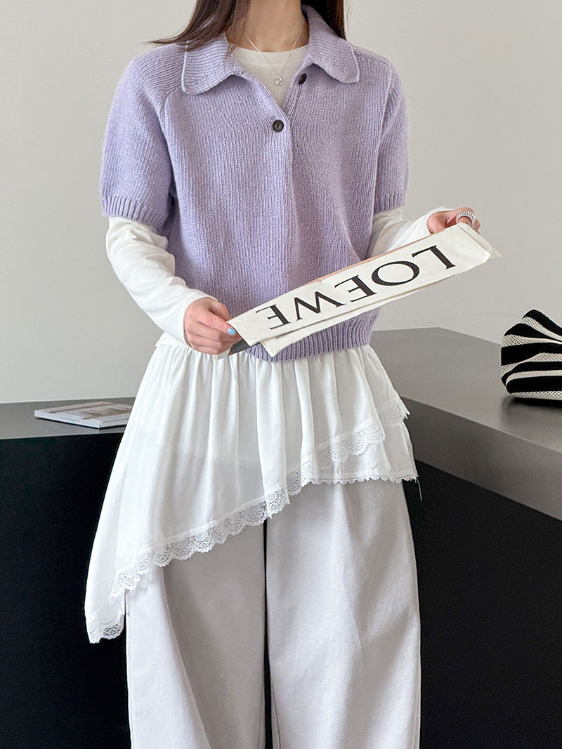 韓系氣質疊穿簡約Polo領針織顯瘦短袖毛衣-3色