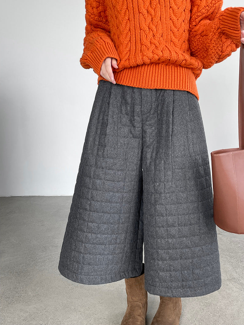 (48H出貨)韓系毛呢夾棉加厚格紋八分闊腿褲-2色