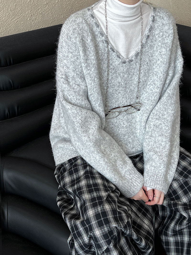 韓版慵懶風V領寬鬆明線針織衫-4色