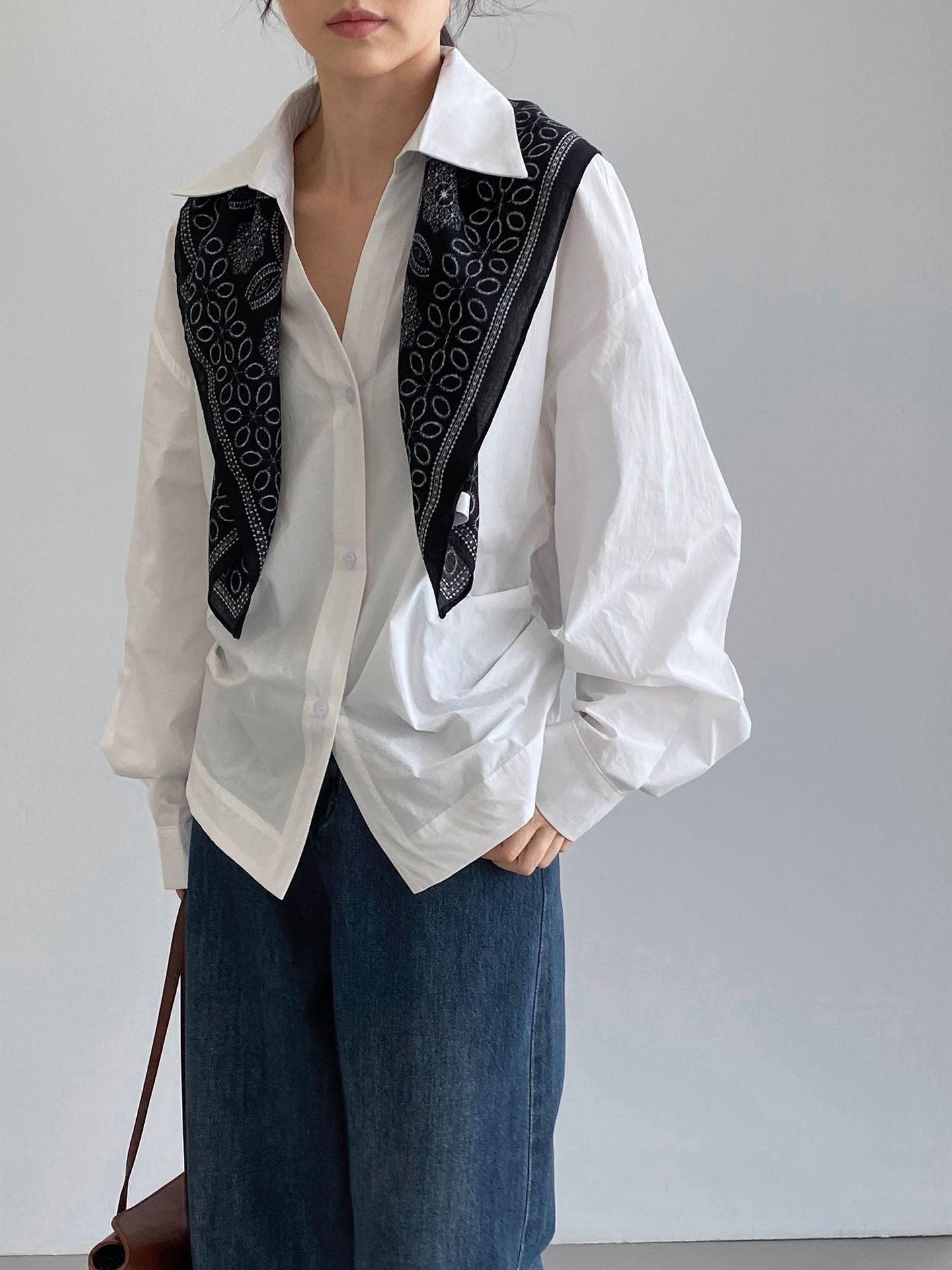 韓系通勤氣質顯瘦抽褶收腰襯衫+含披肩-3色