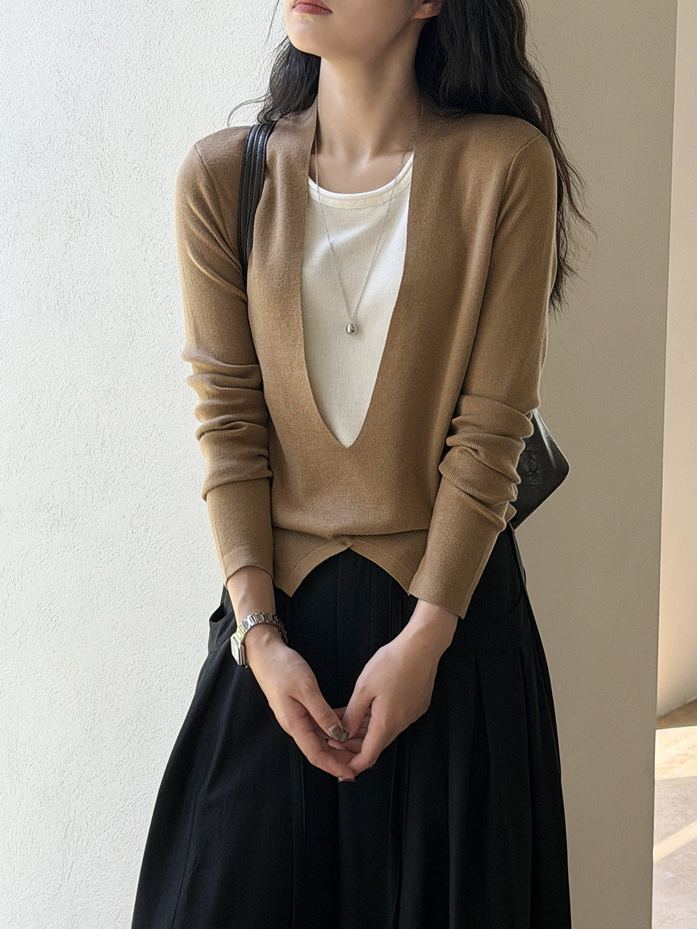 慵懶風顯瘦假兩件V領針織長袖上衣-4色