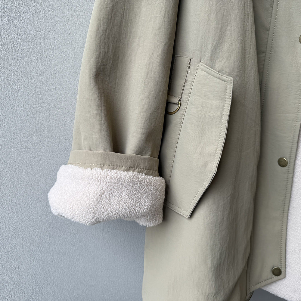 韓系設計感立領羊羔毛工裝保暖派克外套-2色