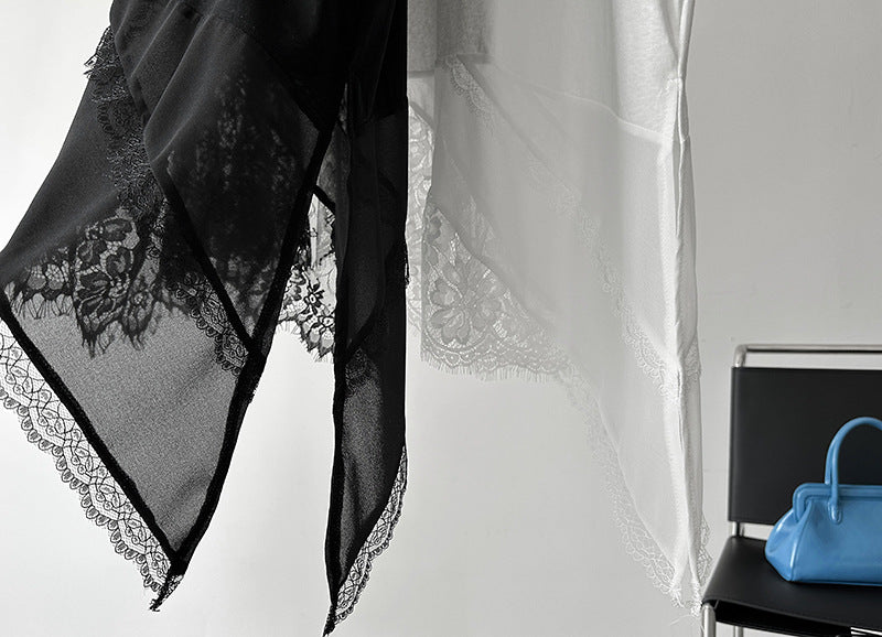 韓系不規則中長款疊穿蕾絲花邊短袖背心上衣-2色