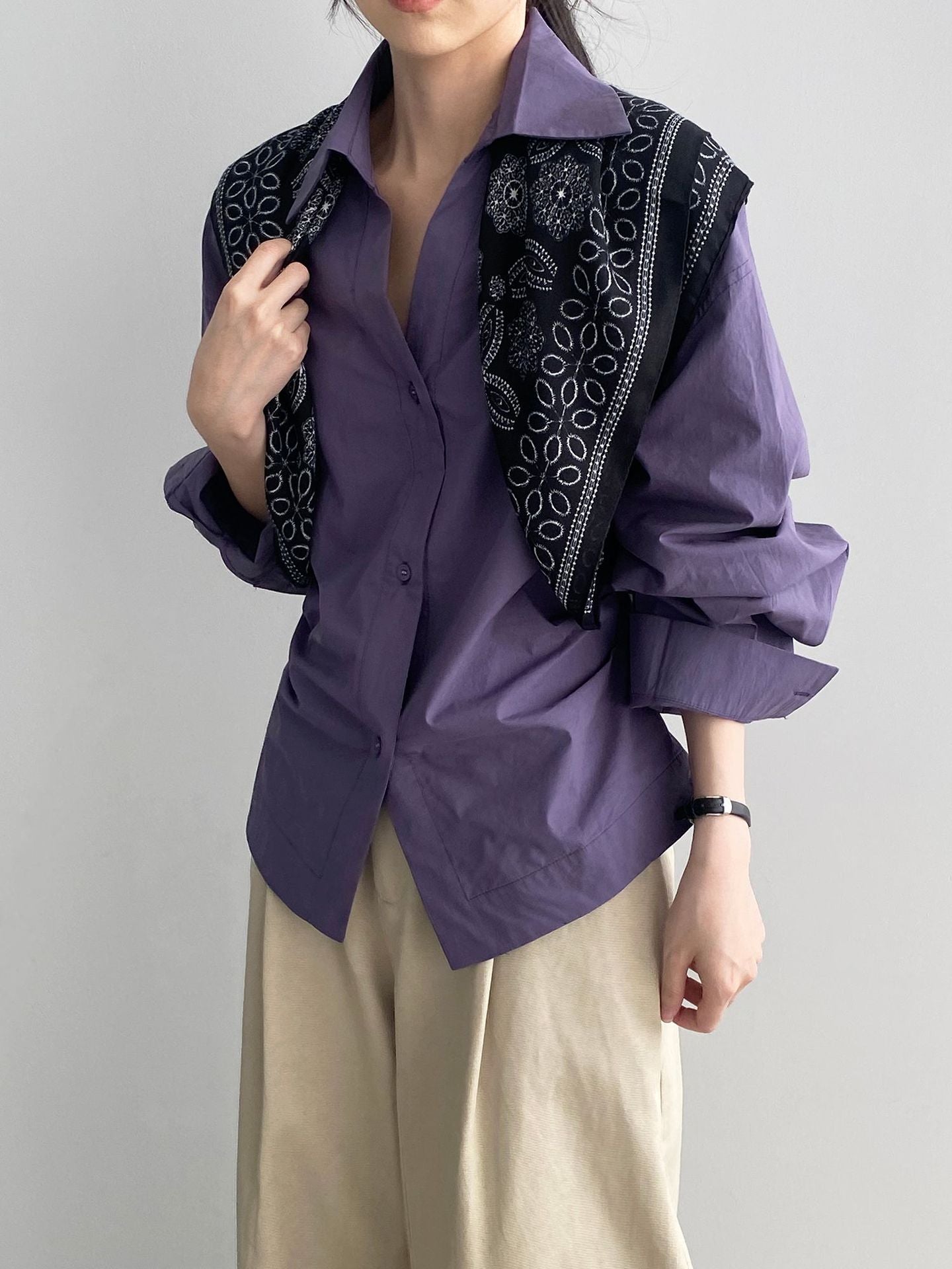 韓系通勤氣質顯瘦抽褶收腰襯衫+含披肩-3色