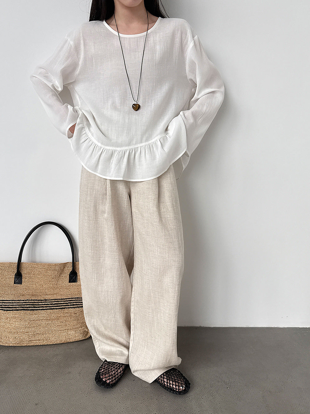 韓系亞麻垂墜感鬆緊腰闊腿褲-3色