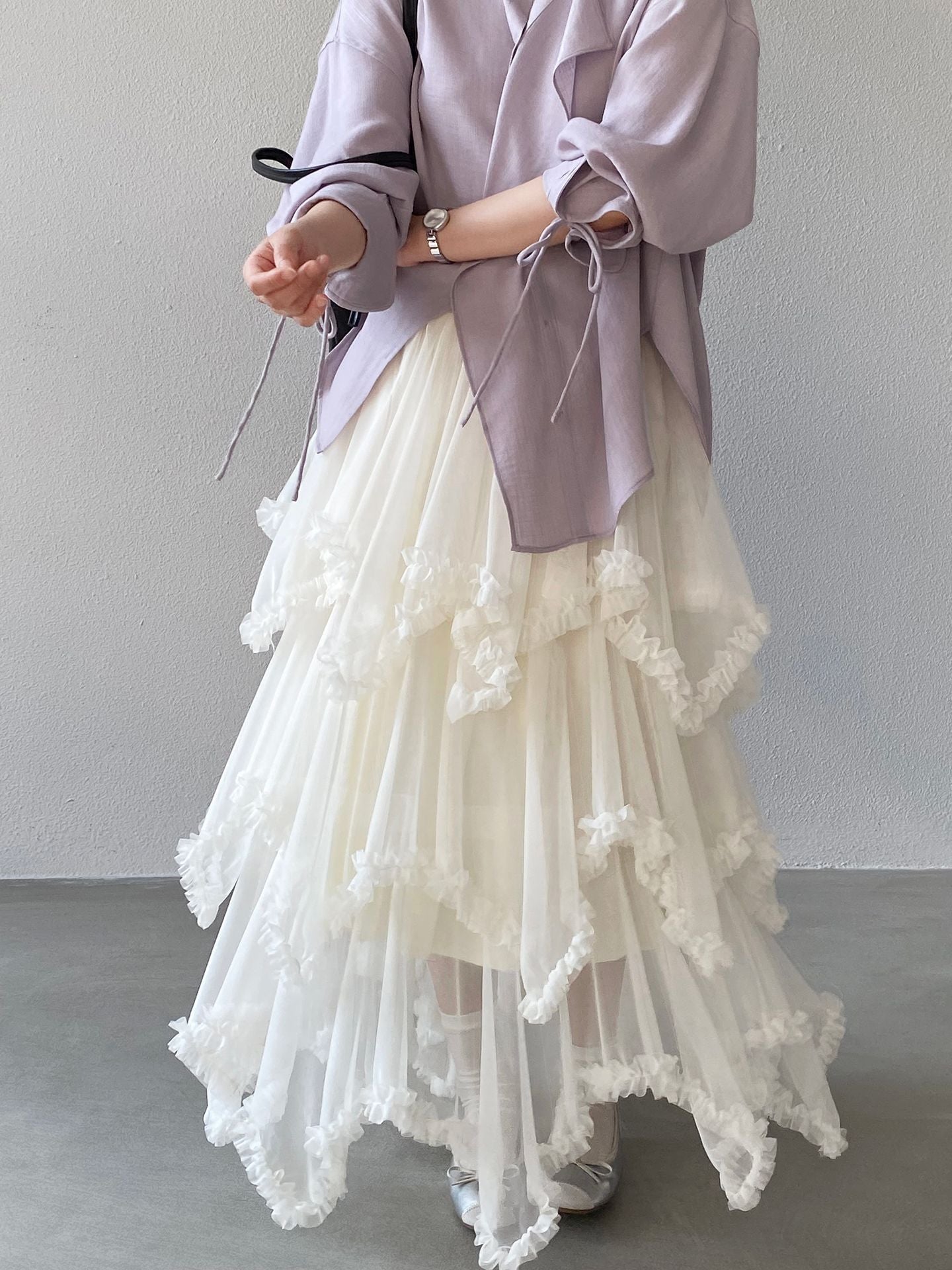 漫野山茶蕾絲花邊網紗不規則半身裙