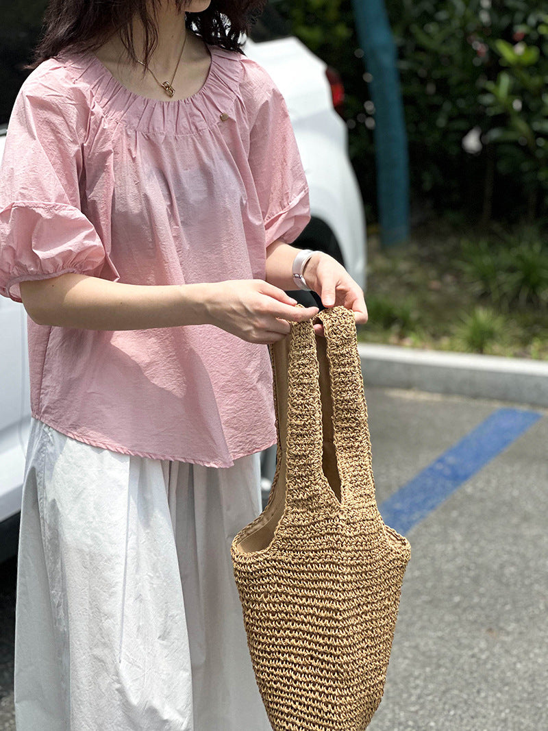 高級感寬邊圓領泡泡袖襯衫-3色