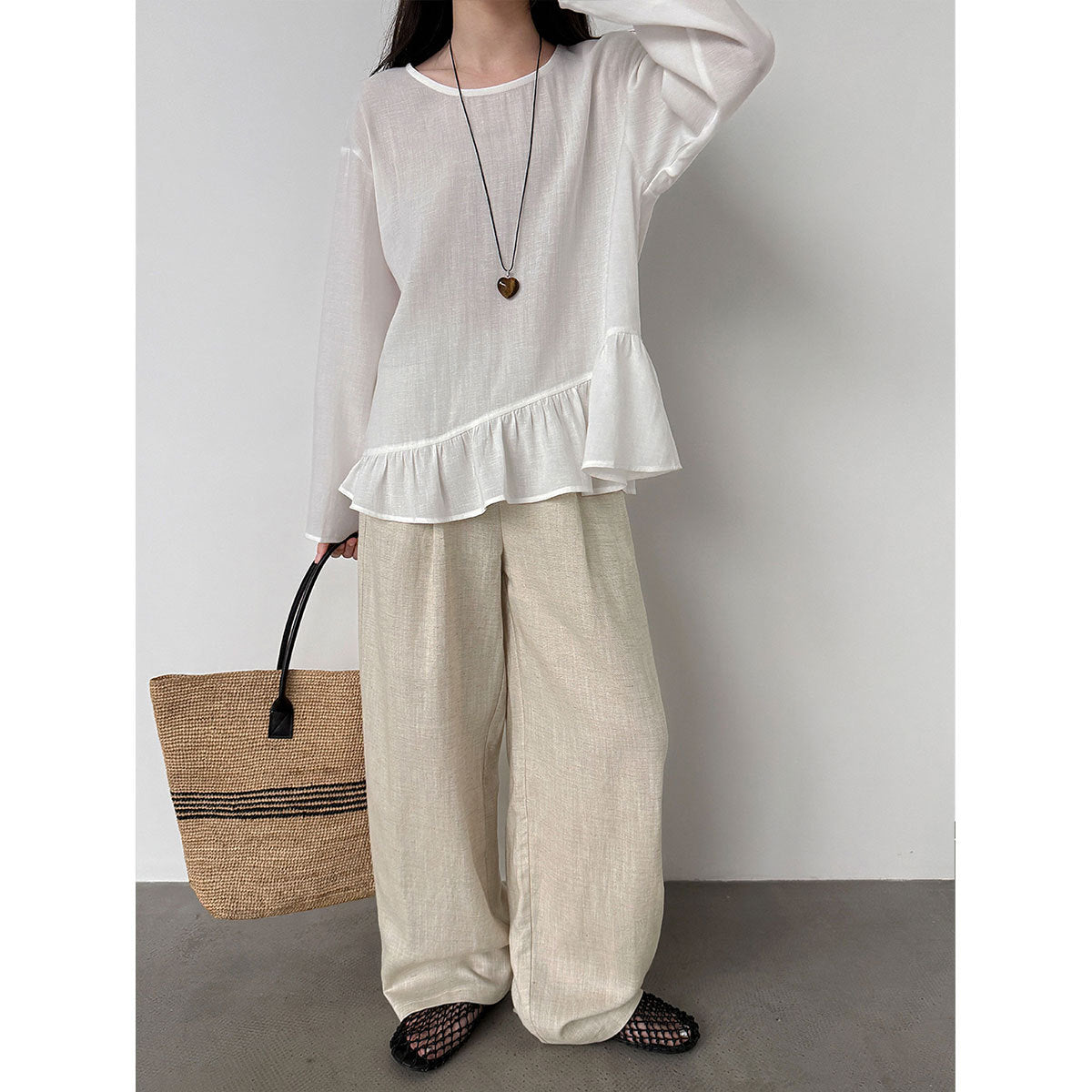 韓系亞麻垂墜感鬆緊腰闊腿褲-3色