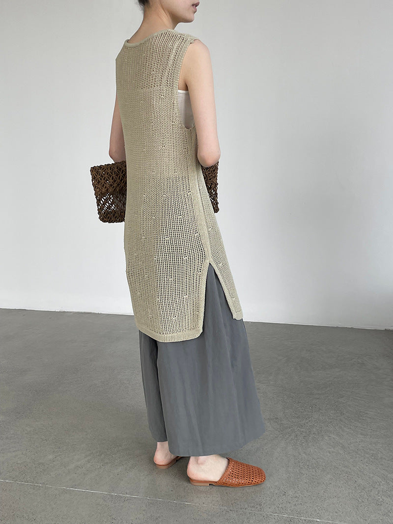 韓系側開叉圓領疊穿鏤空中長背心連身裙-4色