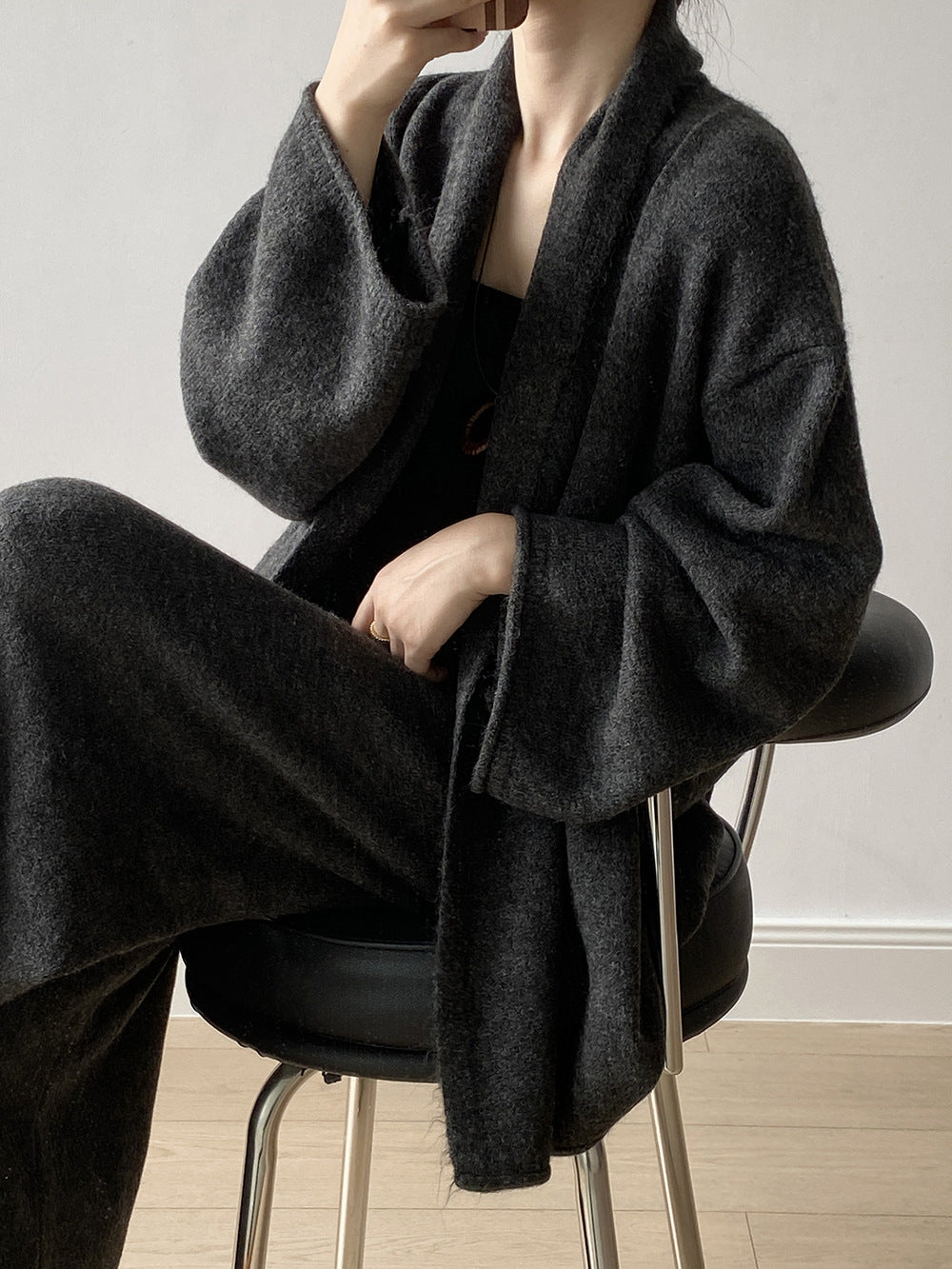 (48H出貨)高級慵懶風繫帶針織開衫+高腰闊腿褲-兩件式套裝-3色