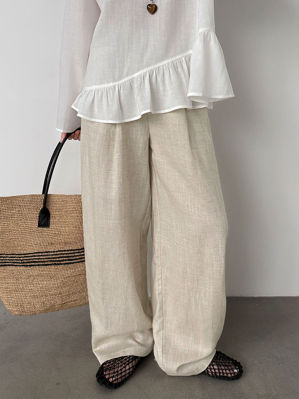 韓系亞麻垂墜感鬆緊腰闊腿褲-3色