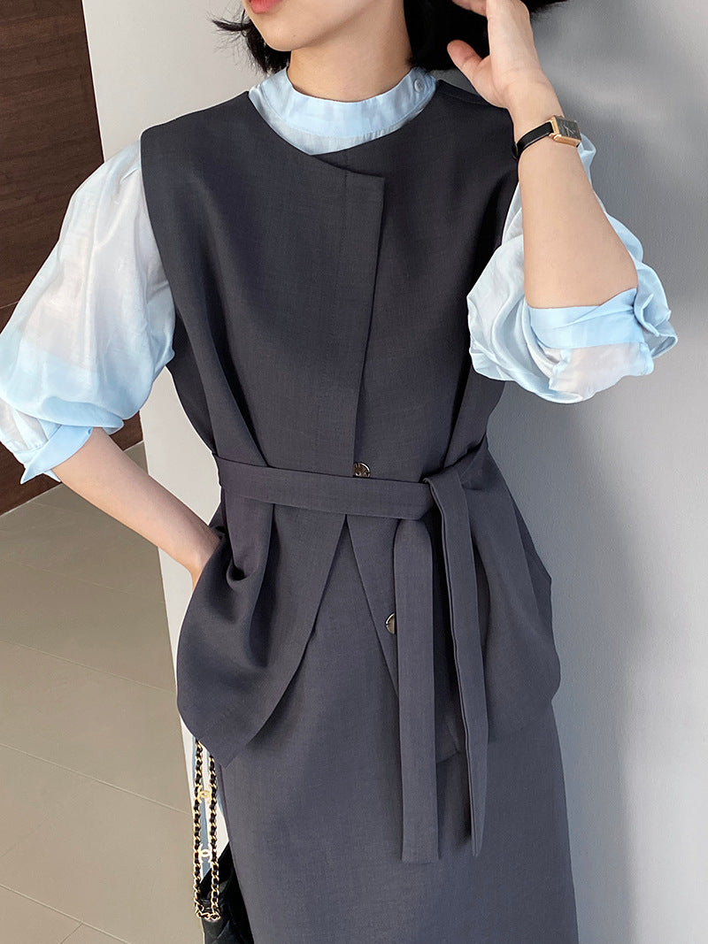 韓版高品質顯瘦西裝無袖馬甲+半身裙+配腰帶-三件式套裝