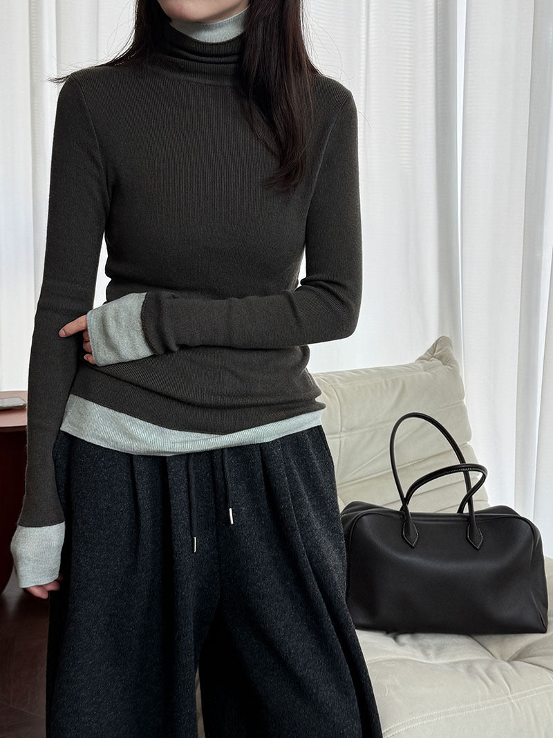 修身顯瘦軟糯撞色高領打底針織衫-3色