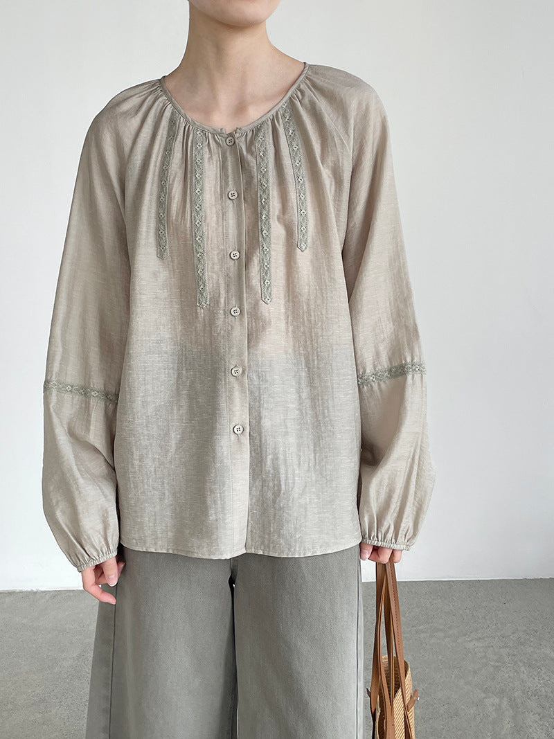 法式刺繡拼接燈籠袖圓領娃娃衫襯衫-2色