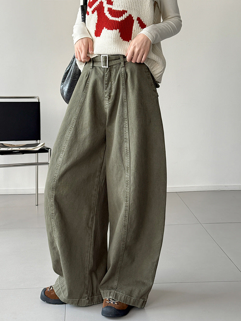 韓系復古高腰寬鬆顯瘦闊腿牛仔褲+腰帶-3色