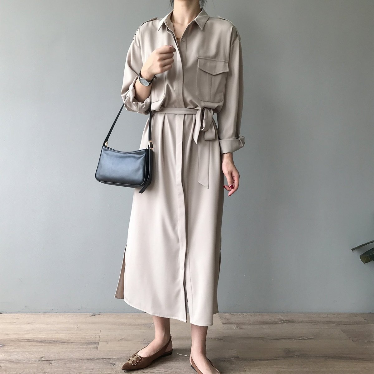 法式初秋收腰顯瘦長洋裝-2色 - Moon Peach