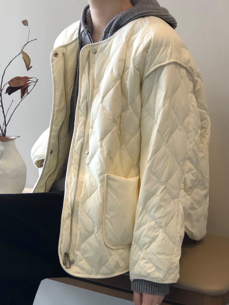 白鴨絨無領羽絨輕薄菱格保暖外套-3色 - Moon Peach