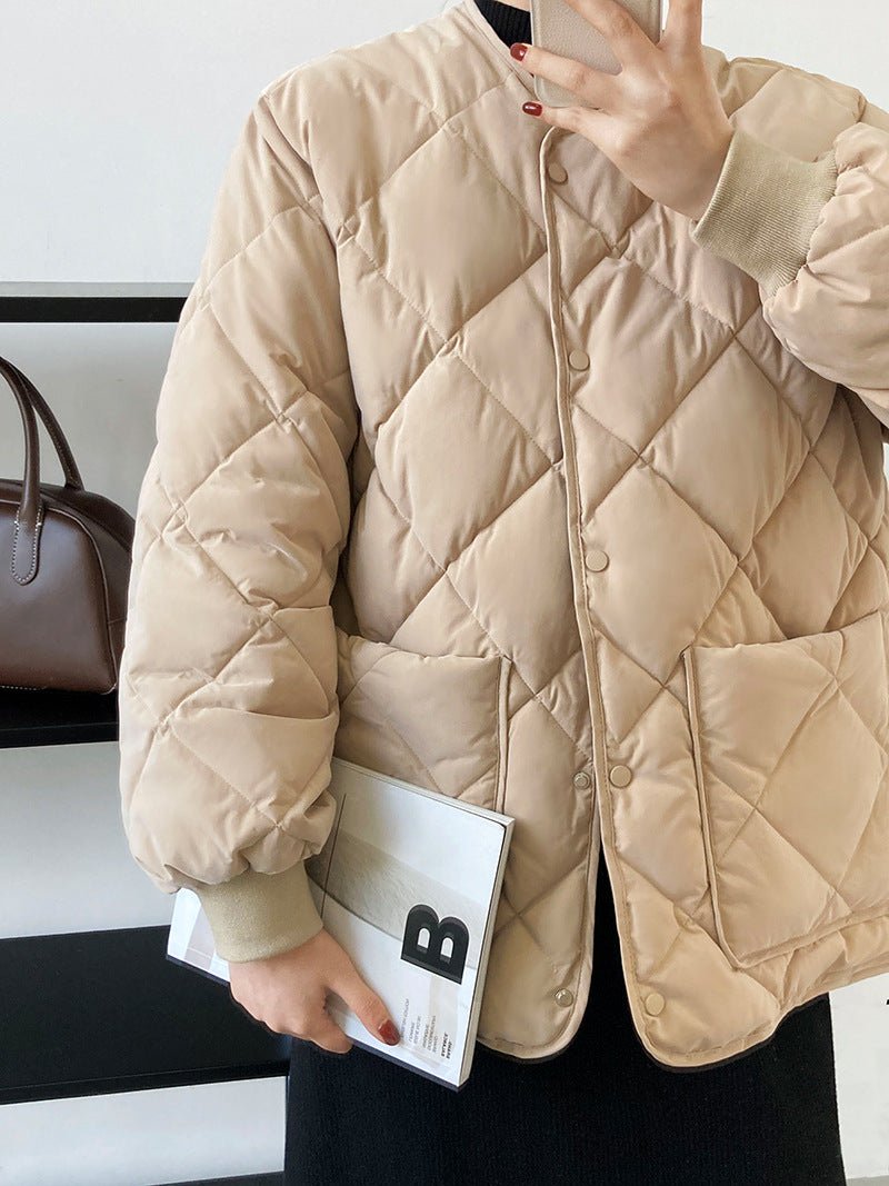 菱形格寬鬆棒球服棉衣外套-3色 - Moon Peach