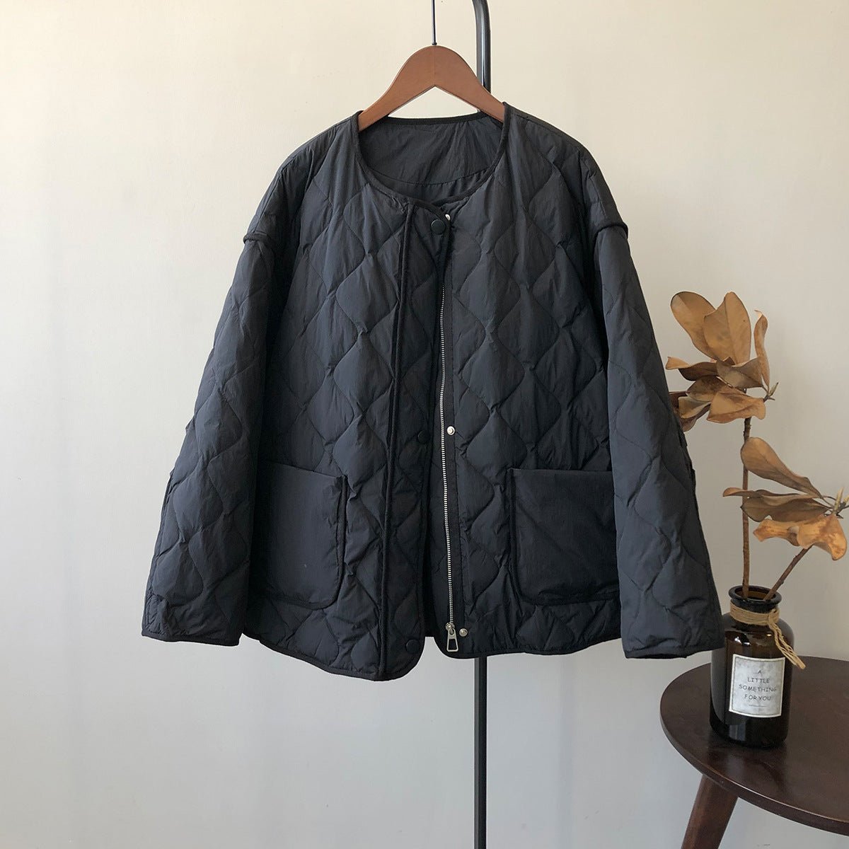 白鴨絨無領羽絨輕薄菱格保暖外套-3色 - Moon Peach