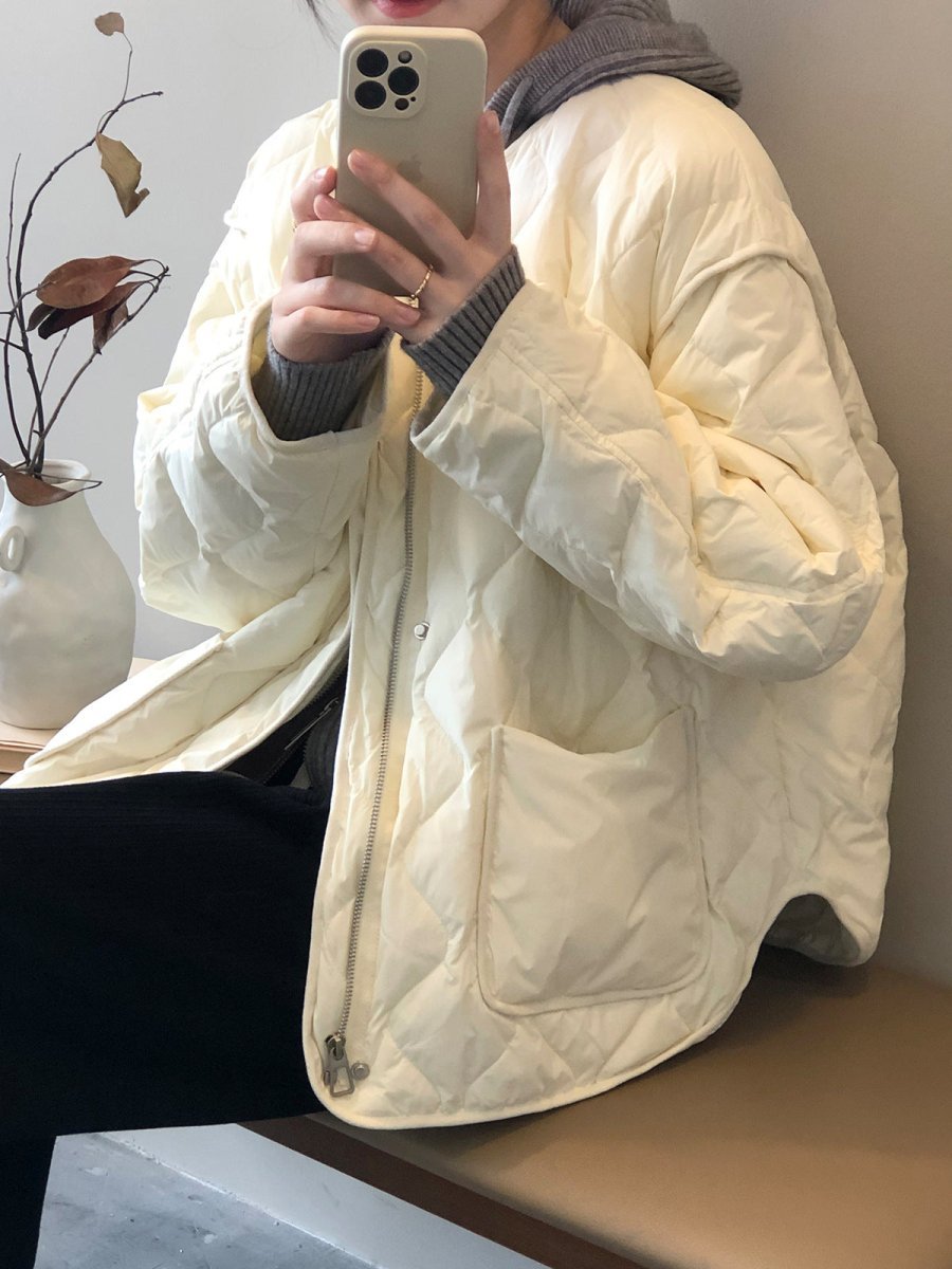 白鴨絨無領羽絨輕薄菱格保暖外套-3色 - Moon Peach