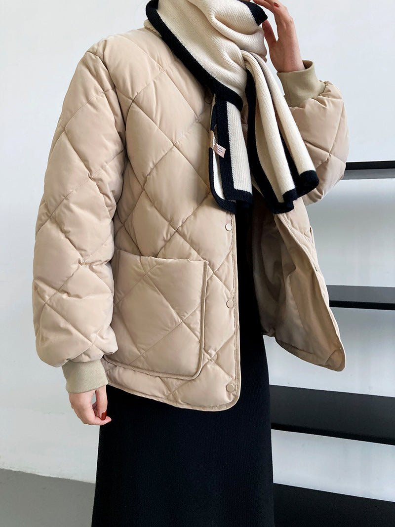 菱形格寬鬆棒球服棉衣外套-3色 - Moon Peach