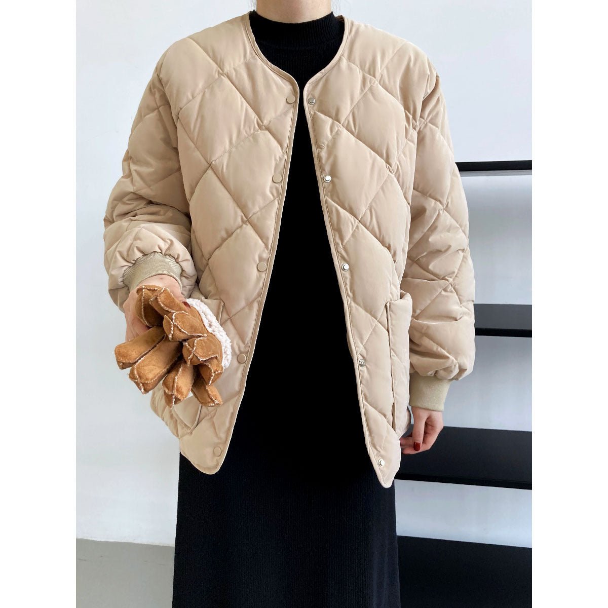 菱形格寬鬆棒球服棉衣外套-3色 - Moon Peach