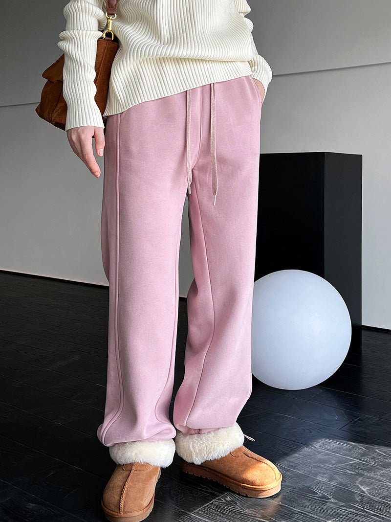 美式運動風粉色加絨束腳棉褲-3色 - Moon Peach